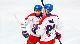 Českí hráči oslavujú gól.