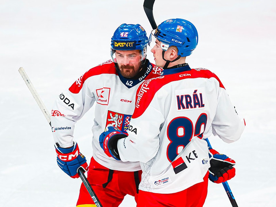 Českí hráči oslavujú gól.