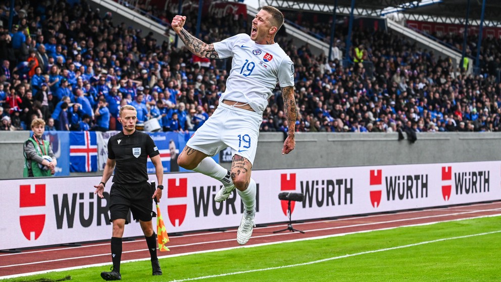 Juraj Kucka po góle do siete Islandu v  kvalifikačnom zápase o postup na ME 2024 Island - Slovensko 1:2 (17.6.2023, Reykjavík).