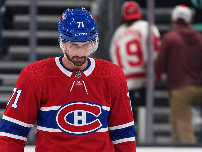 Dylan Larkin v možnom drese Montrealu Canadiens. Vytvorené cez AI.