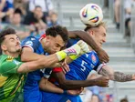 Sprava Dominik Javorček, Sebastian Nebyla a brankár Alejandro Iturbe počas zápasu Slovensko - Španielsko.