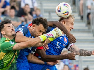 Sprava Dominik Javorček, Sebastian Nebyla a brankár Alejandro Iturbe počas zápasu Slovensko - Španielsko.