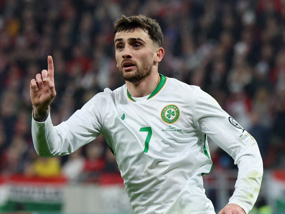 Troy Parrott oslavuje gól v zápase s Maďarskom.