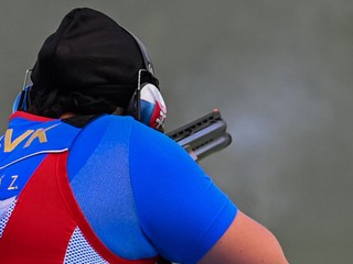 Zuzana Rehák Štefečeková počas kvalifikácie trapu na OH 2024.