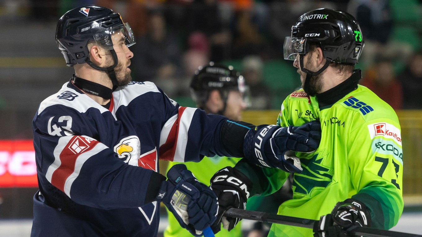 Sprava v súboji Róbert Varga (Žilina) a Patrik Maier (Bratislava) v zápase 27. kola hokejovej Tipos extraligy medzi Vlci Žilina - HC Slovan Bratislava.