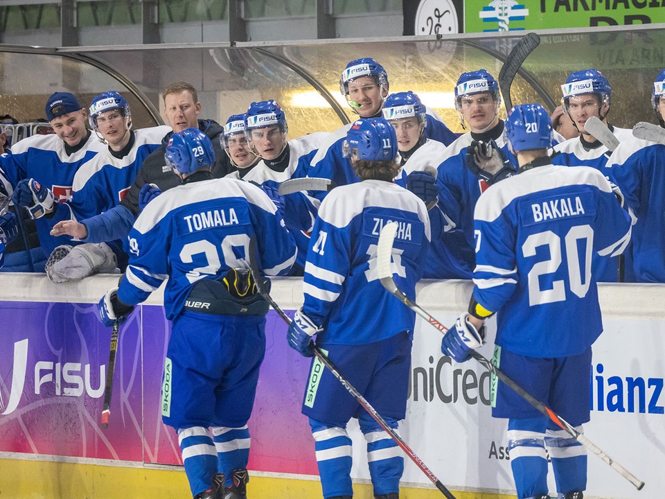 Slovenskí hokejisti oslavujú gól.