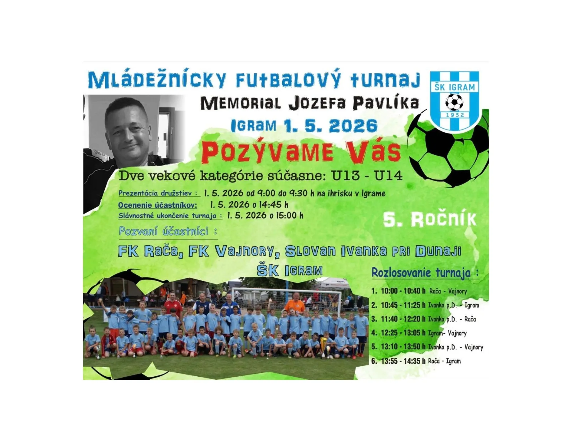 Pozvánka na 5. ročník Memoriálu Jožka Pavlíka, bývalého sekretára ObFZ Bratislava – mesto a špičkového rozhodcu Slovenskej najvyššej futbalovej súťaže.