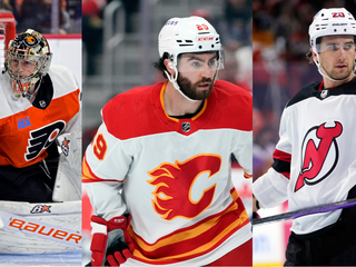 Obvinení kanadskí hokejisti zľava Carter Hart, Dillon Dubé a Michael McLeod.