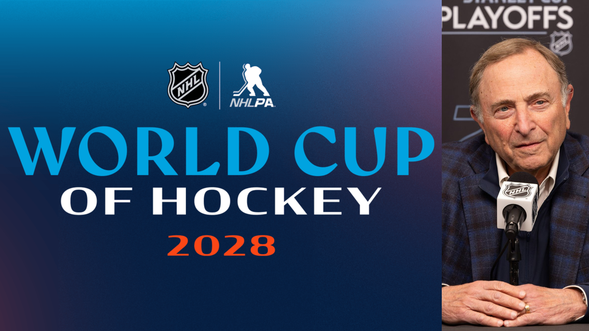 Komisár NHL Gary Bettman a logo Svetového pohára 2028.