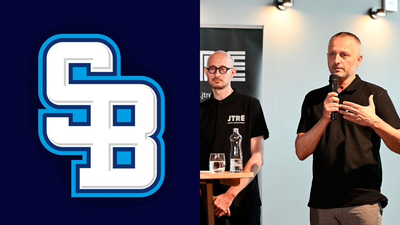 Sprava výkonný riaditeľ JTRE Pavel Pelikán a nové spoločné logo klubov spadajúcich pod JTRE - Slovan Bratislava. 