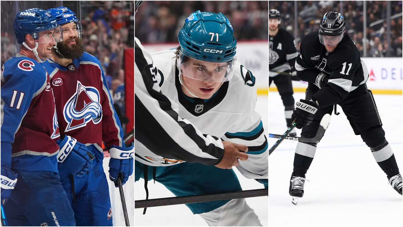 Na snímke sú, zľava Brent Burns, Macklin Celebrini a Anže Kopitar.