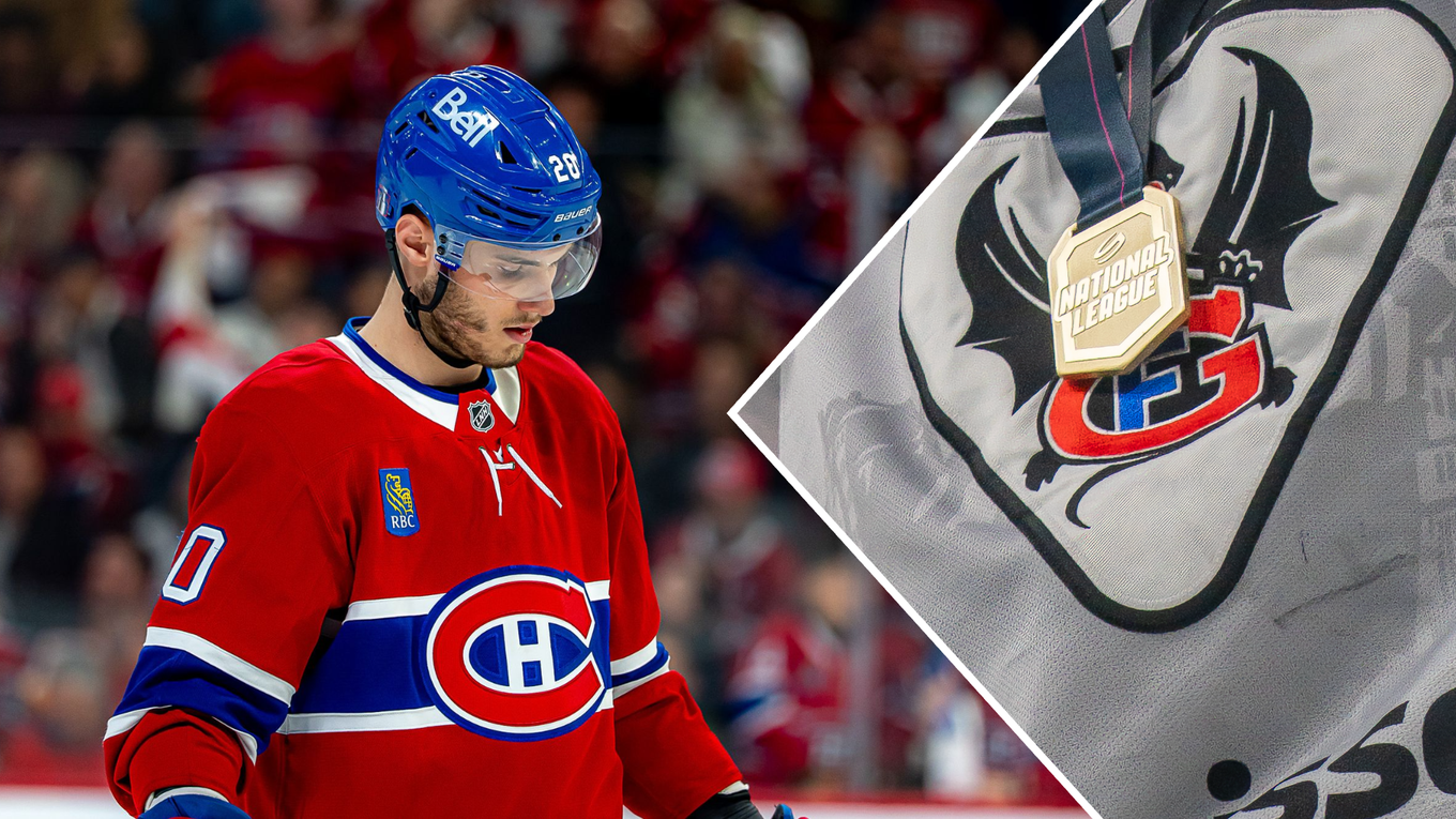 Juraj Slafkovský v drese Montrealu a logo klubu Fribourg-Gotterón.