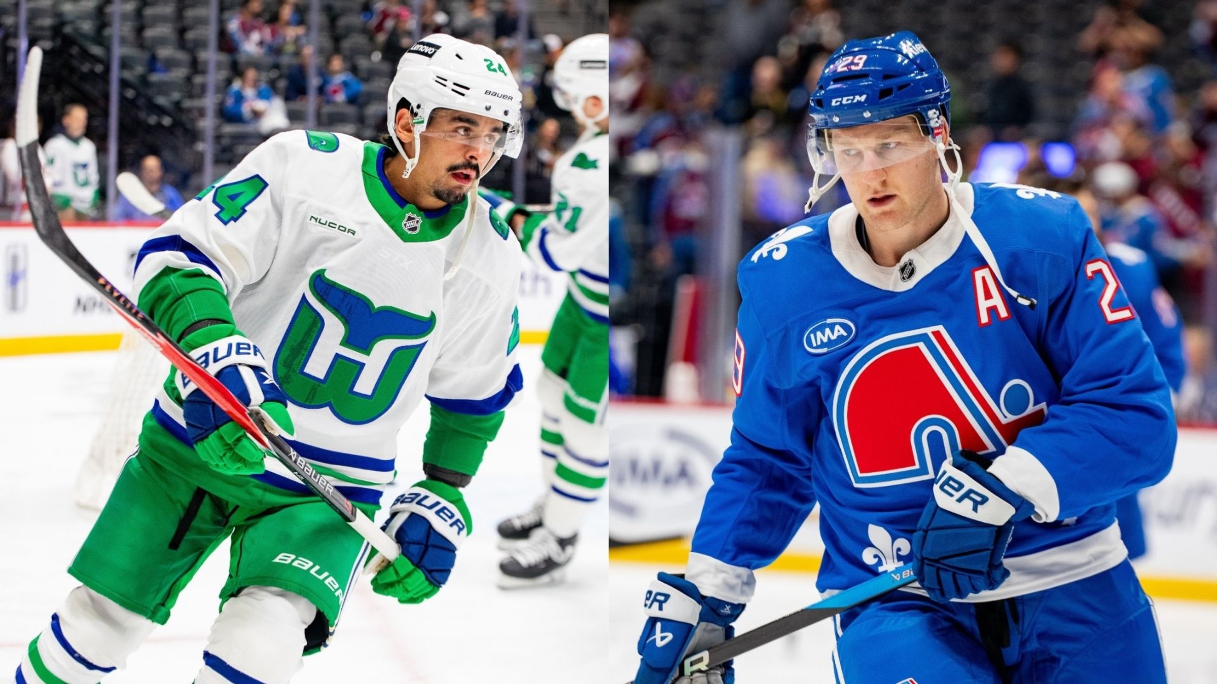 Hráči Caroliny a Colorada v dresoch Hardfordu Whalers a Quebec Nordiques. 