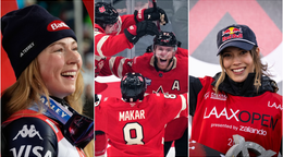 Na snímke sú Mikaela Shiffrinová, hokejisti Kanady a Eileen Gu.