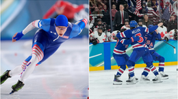 Na snímke sú rýchlokorčuliar Jordan Stolz a hokejistky USA.