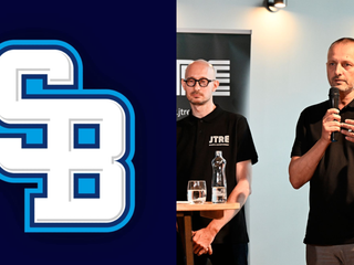 Sprava výkonný riaditeľ JTRE Pavel Pelikán a nové spoločné logo klubov spadajúcich pod JTRE - Slovan Bratislava. 