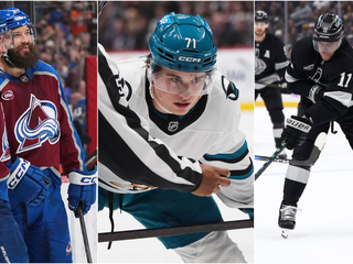 Na snímke sú, zľava Brent Burns, Macklin Celebrini a Anže Kopitar.