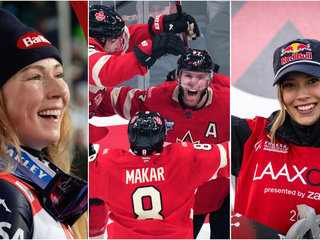 Na snímke sú Mikaela Shiffrinová, hokejisti Kanady a Eileen Gu.