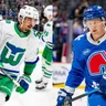 Hráči Caroliny a Colorada v dresoch Hardfordu Whalers a Quebec Nordiques.