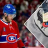 Juraj Slafkovský v drese Montrealu a logo klubu Fribourg-Gotterón. 