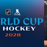 Komisár NHL Gary Bettman a logo Svetového pohára 2028.