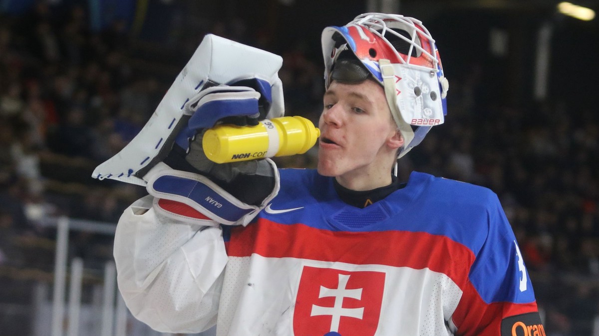 Brankár Adam Gajan v zápase Slovensko - Nórsko na MS v hokeji do 20 rokov 2024.