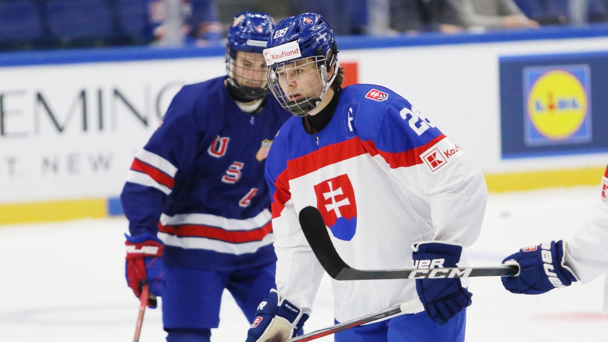 Tobias Pitka v semifinálovom zápasom Slovensko - USA na MS v hokeji hráčov do 18 rokov.