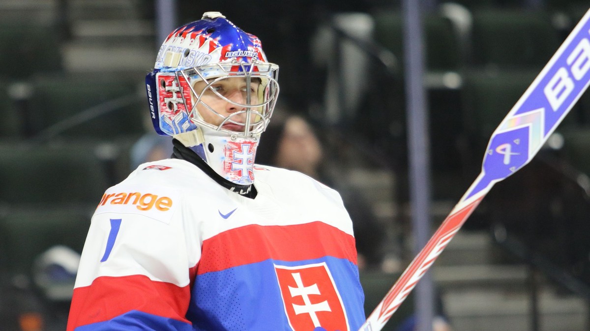 Brankár Michal Prádel v zápase Slovensko - Nemecko na MS v hokeji hráčov do 20 rokov 2026.