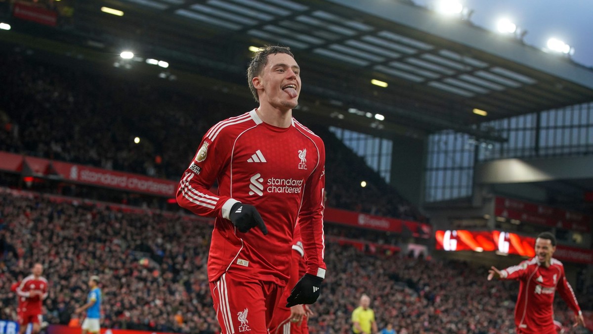 Florian Wirtz oslavuje prvý gól v drese Liverpoolu.