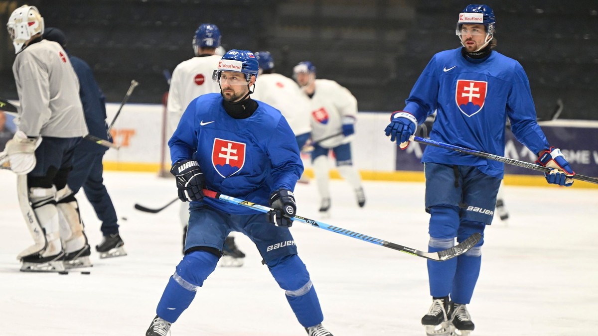 Na snímke vľavo Tomáš Tatar a vpravo Kristián Pospíšil na spoločnom tréningu počas zrazu slovenskej hokejovej reprezentácie v Bratislave. 
