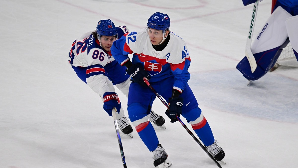 Na snímke sprava Martin Fehérváry (Slovensko) a Jack Hughes (USA).