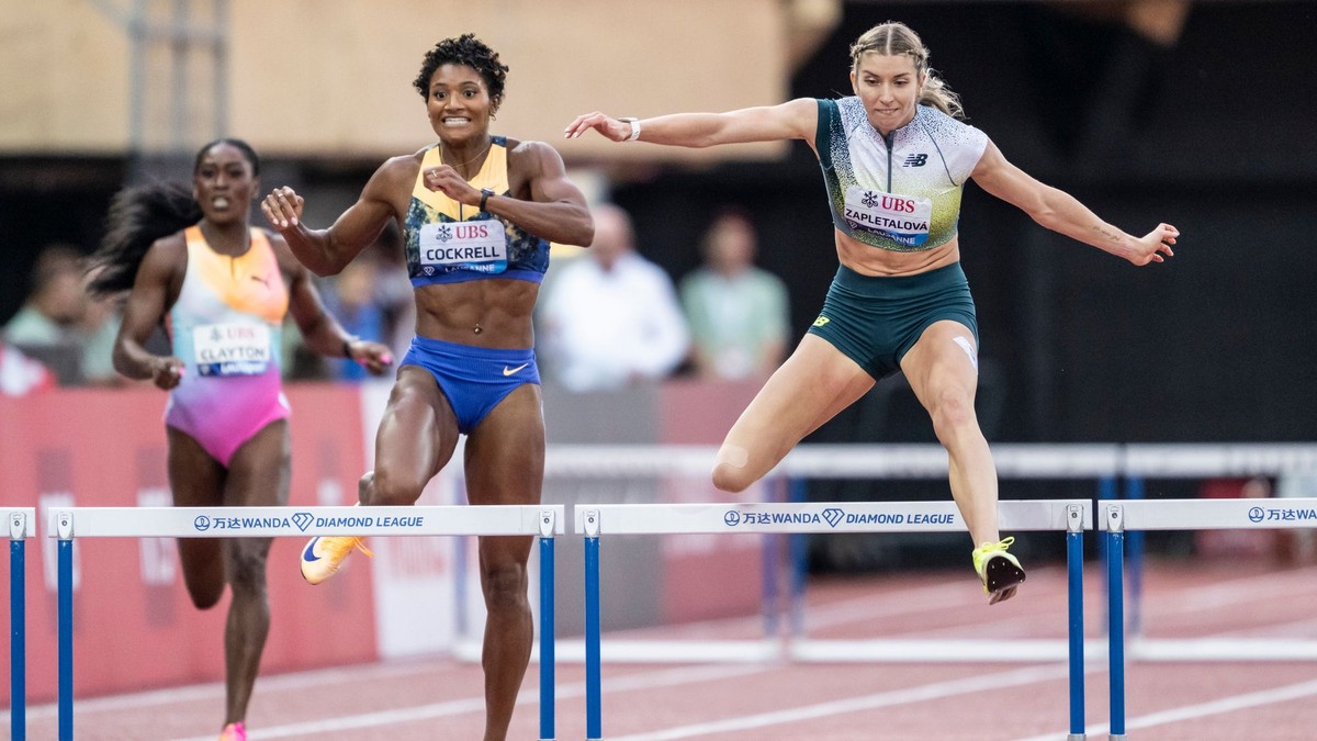 Emma Zapletalová počas behu na 400 m cez prekážky na mítingu Diamantovej ligy v Lausanne 2026.
