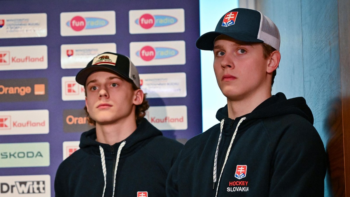 Slovenskí hokejisti zľava Luka Radivojevič a Tomáš Pobežal.