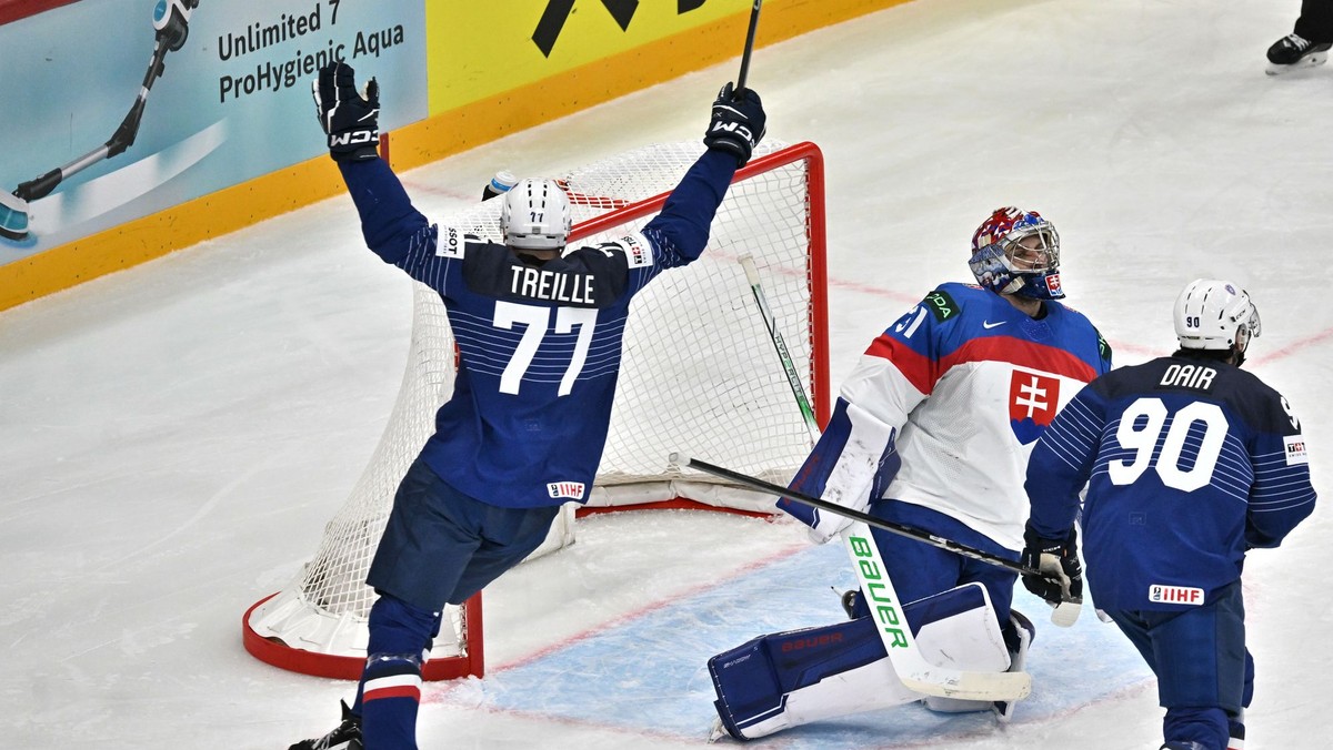 Sacha Treille sa teší z gólu Louisa Boudona v zápase Slovensko - Francúzsko na MS v hokeji 2025.