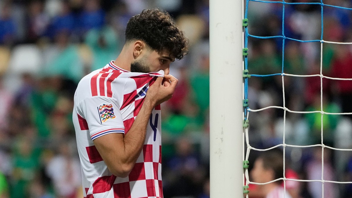 Hráč Chorvátska Joško Gvardiol reaguje počas zápasu A-divízie Ligy národov Chorvátsko - Anglicko.