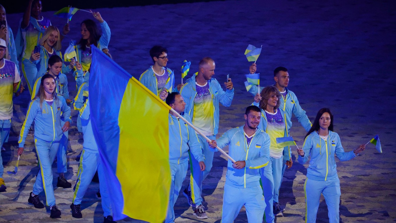 Ukrajinská výprava na otváracom ceremoniáli Európskych hier v Krakove.