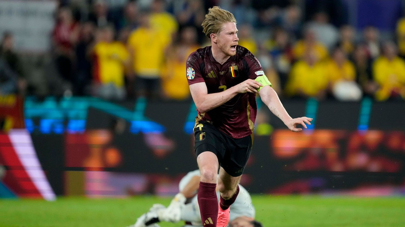 Belgický kapitán Kevin De Bruyne dáva gól v zápase proti Rumunsku na EURO 2024.