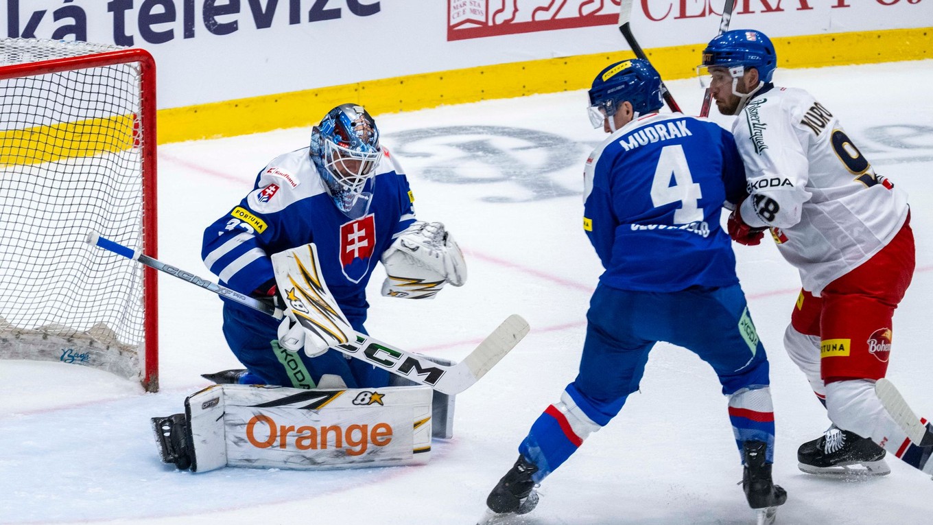 Slovenský brankár Adam Húska, Dávid Mudrák (Slovensko) a Daniel Kurovský (Česko) počas prípravného zápasu Česká republika - Slovensko.