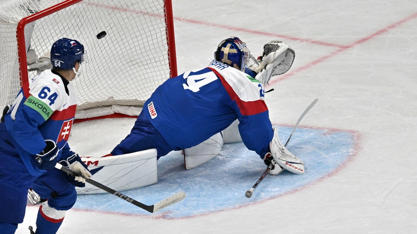 Patrik Koch a brankár Patrik Rybár po inkasovanom góle v zápase Slovensko - Švédsko v skupine A na MS v hokeji 2025.