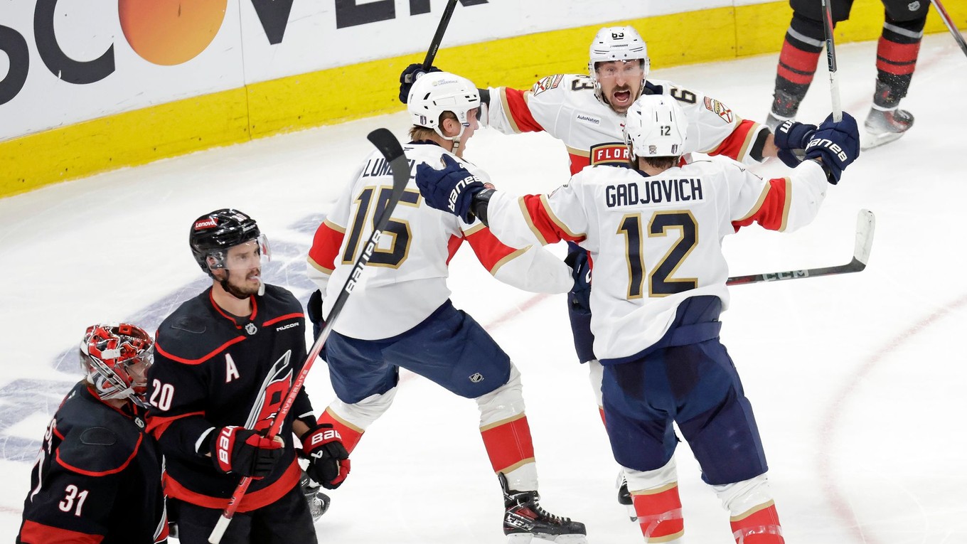 Hokejisti Floridy Panthers oslavujú gól.