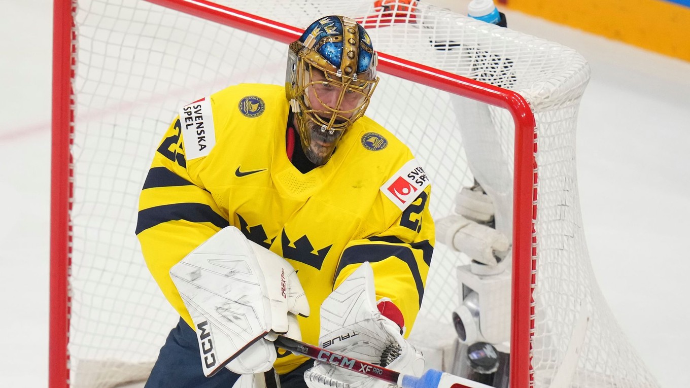 Jacob Markstrom v zápase Švédsko - USA na MS v hokeji 2025