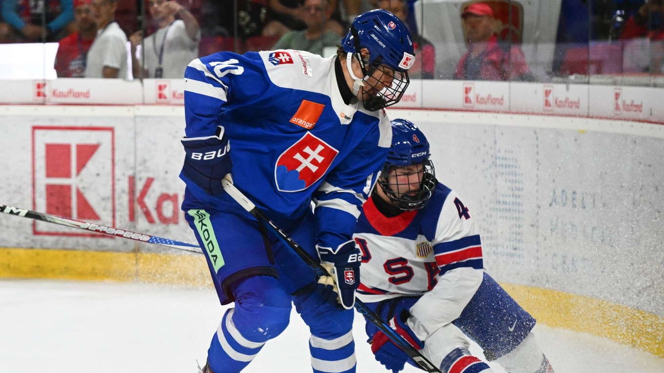 Sprava Kade Meyer (USA) a Oliver Ozogány (Slovensko) bojujú o puk počas zápasu na Hlinka Gretzky Cupe. 