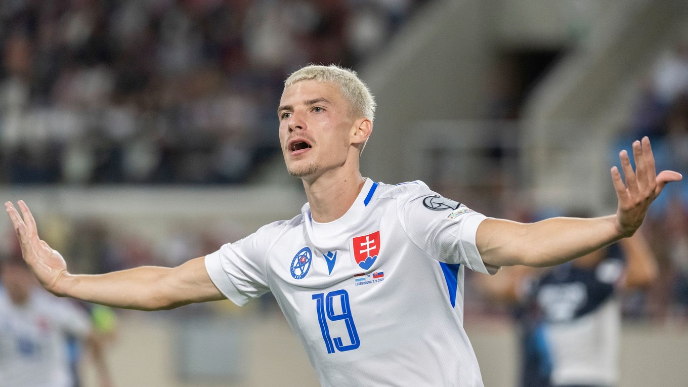 Tomáš Rigo (Slovensko) sa teší z gólu počas zápasu A-skupiny európskej kvalifikácie MS 2026 vo futbale Luxembursko - Slovensko. 