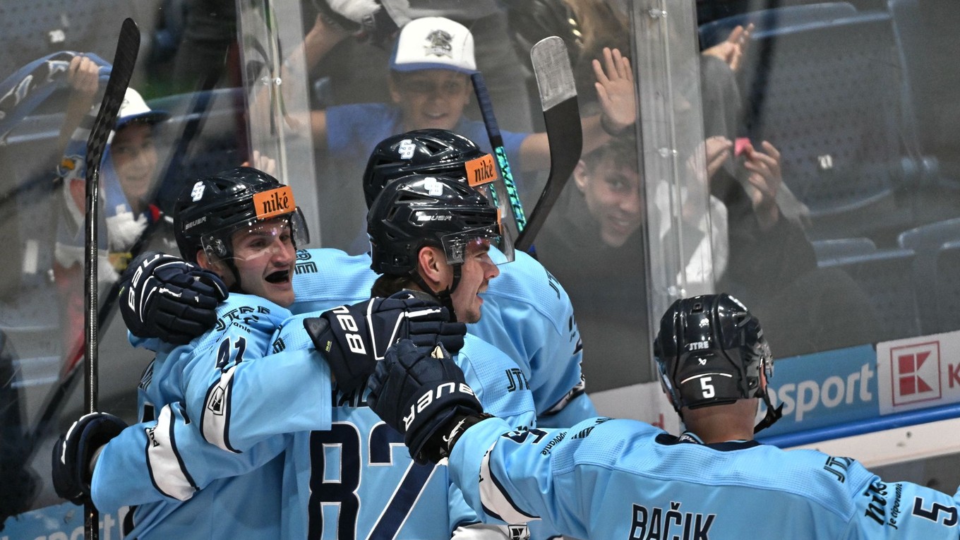 Hokejisti Slovanu sa radujú počas zápasu Tipsport ligy.