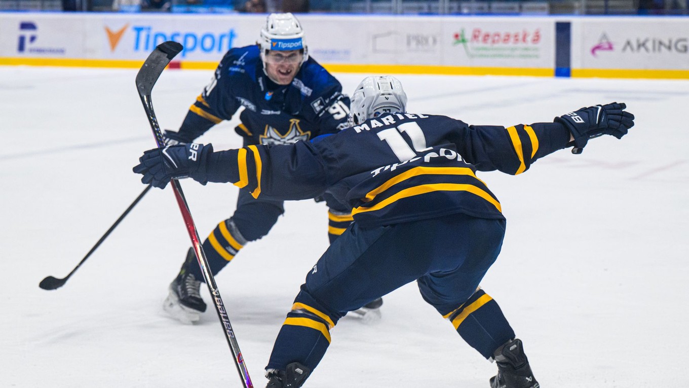 Danick Martel (Spišská Nová Ves) sa teší z gólu.