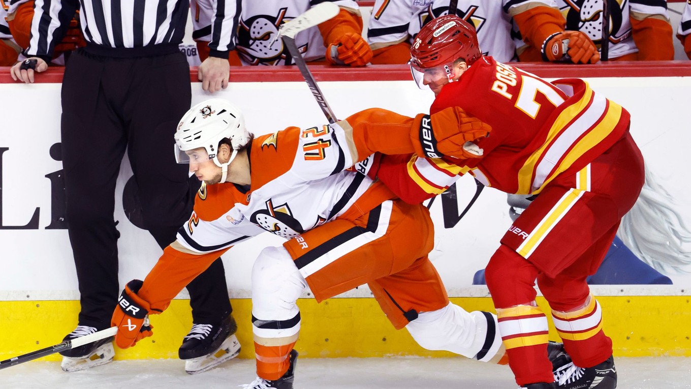 Hráč Anaheim Ducks Tim Washe (42) bojuje s Martinom Pospíšilom z Calgary Flames.