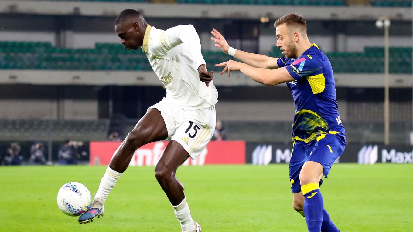 Hráč Pisy Idrissa Toure (vľavo) a hráč Verony Sandi Lovrič bojujú o loptu počas zápasu 24. kola talianskej Serie A .