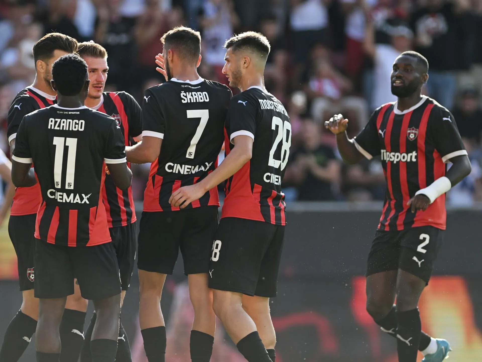 Na snímke radosť hráčov Trnavy po strelení gólu počas odvetného zápasu 2. predkola Konferenčnej ligy FC Spartak Trnava - FC Hibernians Paola.
