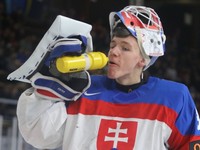 Brankár Adam Gajan v zápase Slovensko - Nórsko na MS v hokeji do 20 rokov 2024.
