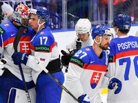 Brankár Samuel Hlavaj, Šimon Nemec, Marek Hrivík a Martin Pospíšil na MS v hokeji 2024.